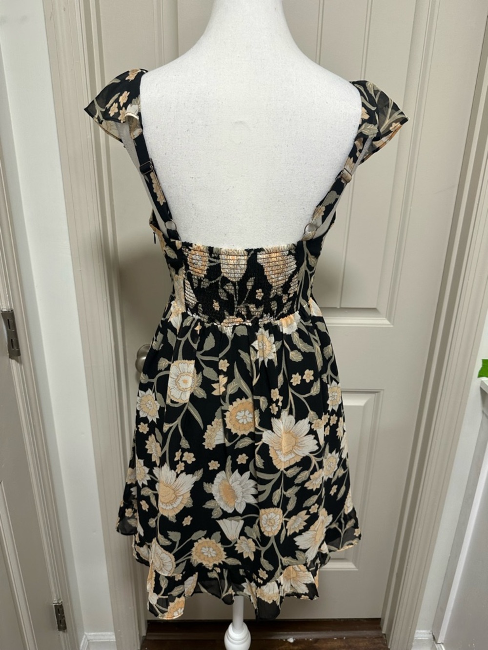 Gentle Fawn Black Floral Ruffle Mini Dress with Cream Flowers - Picture 6 of 8